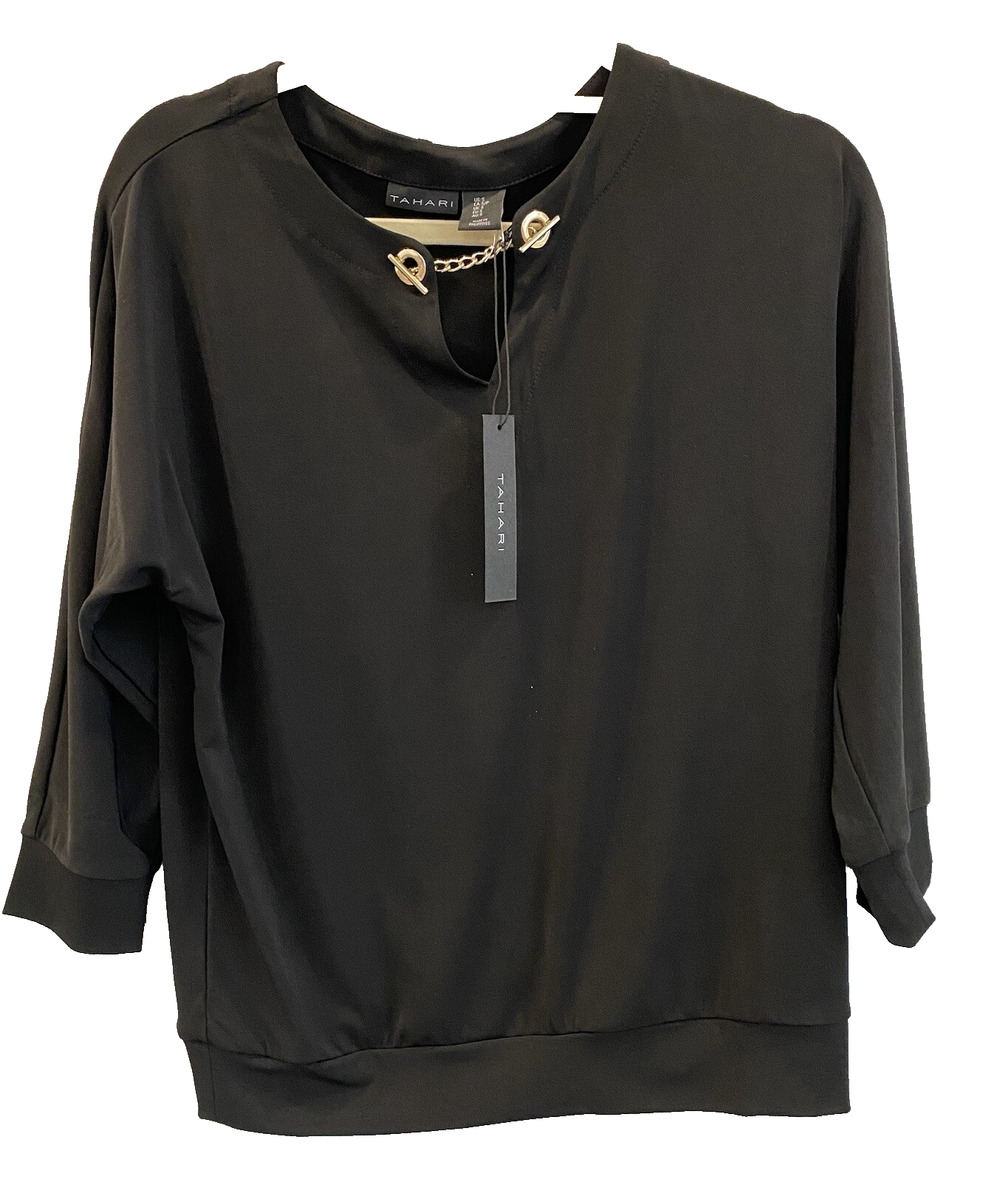 Tahari Blouse Womens Size Small NEW Black & Gold Shirt Dressy Office Career Work